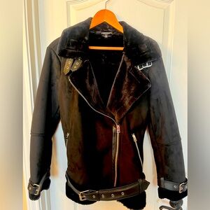 Top Shop designer black faux suede winter coat with luxury faux fur lining